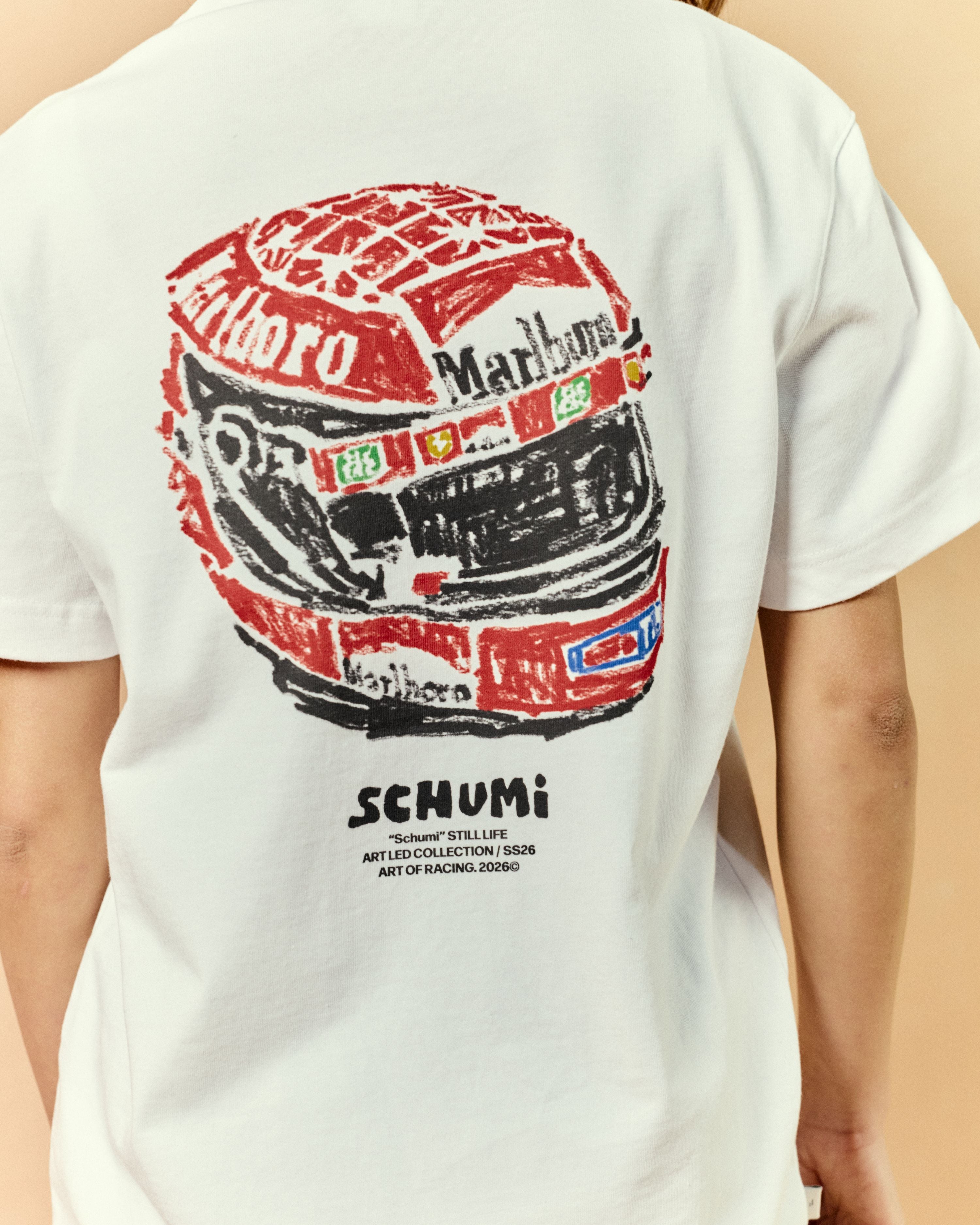 ART OF Schumi Still Life Tee | White Graphic Motor Racing T-shirt